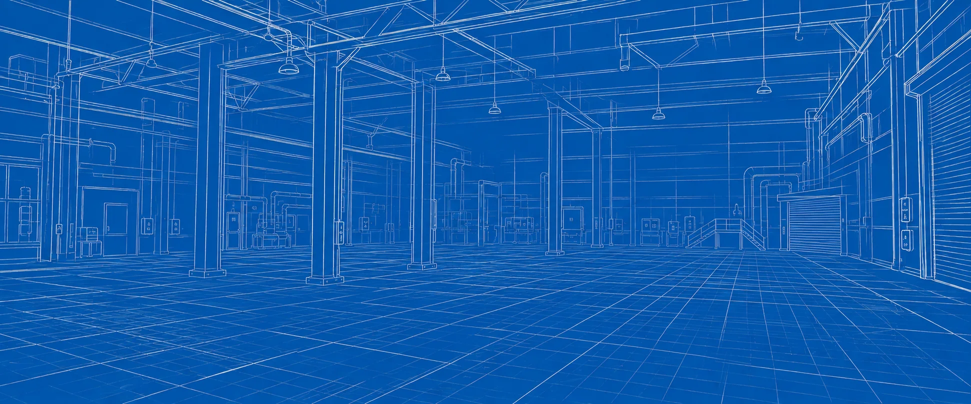 Conceptual line illustration of an industrial interior on a blue background