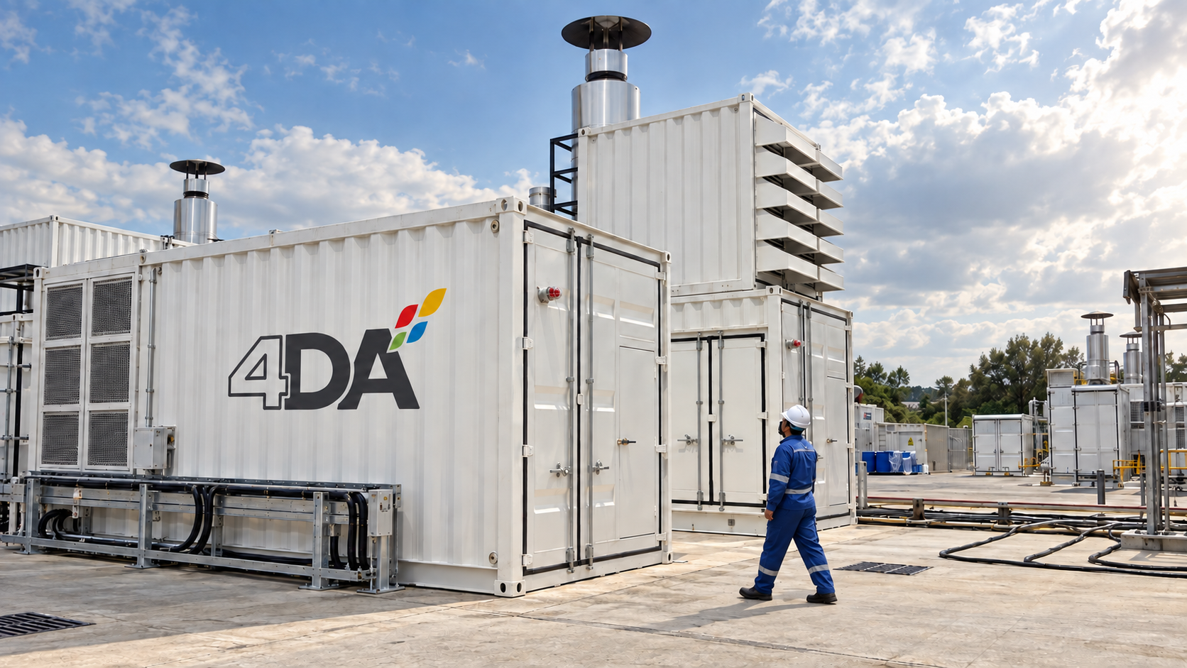 4DA Energy Solutions Ltd. energy centre: containerised modules with the 4DA logo and an engineer on site